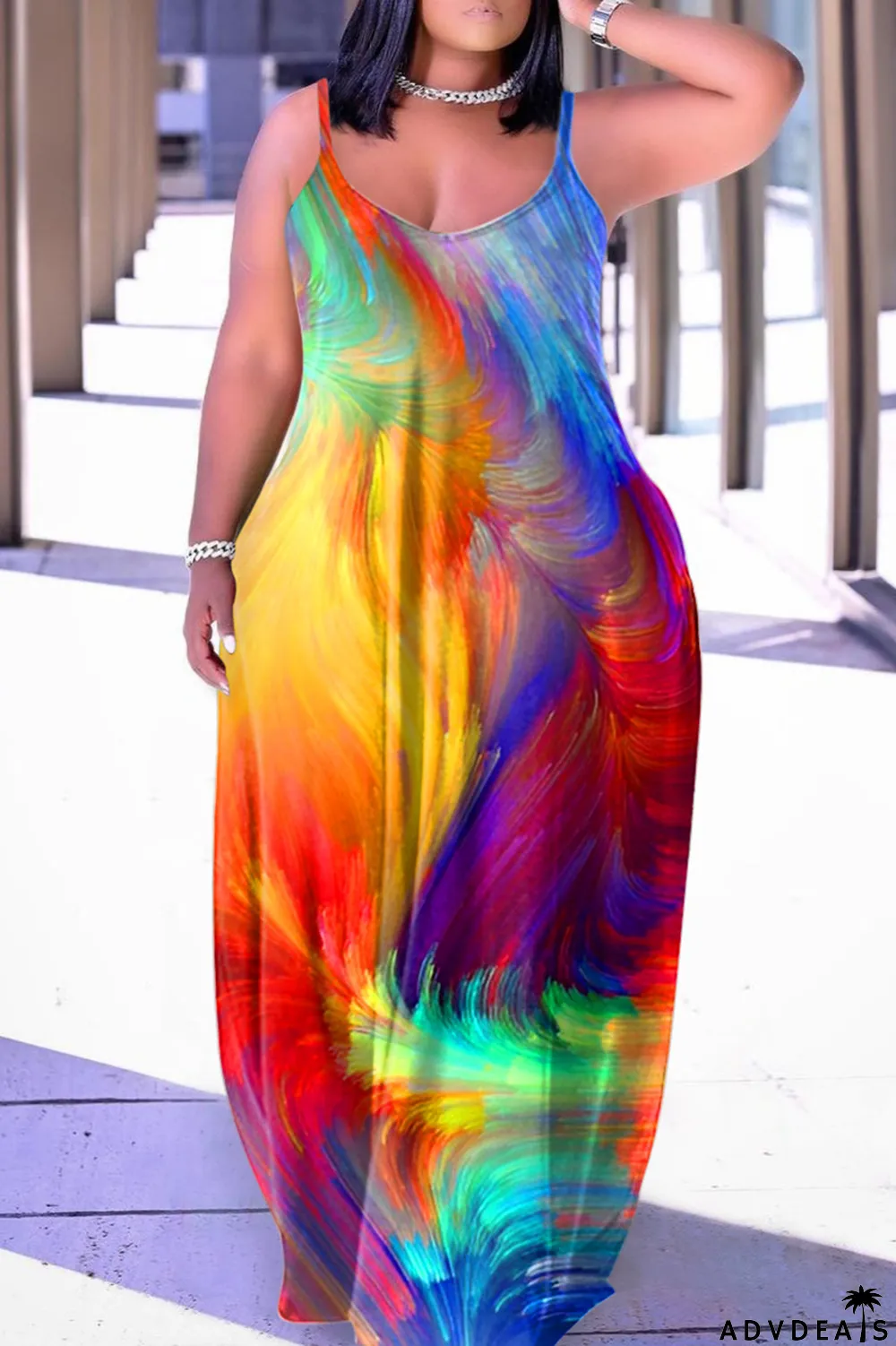 Blue Purple Sexy Casual Print Backless Spaghetti Strap Long Dress Dresses