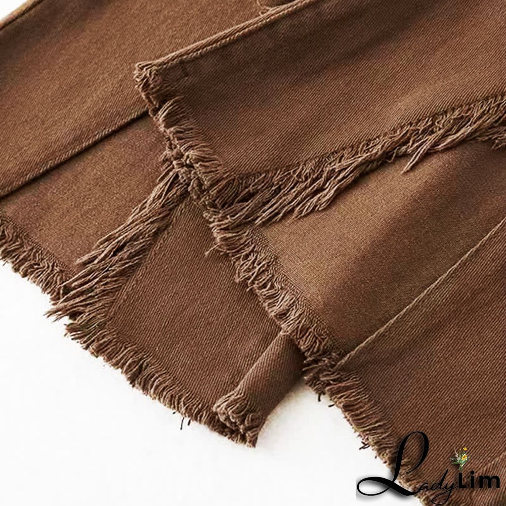 Crochet Hollow T-Shirt Fringed Split Denim Pants Two Pieces Set