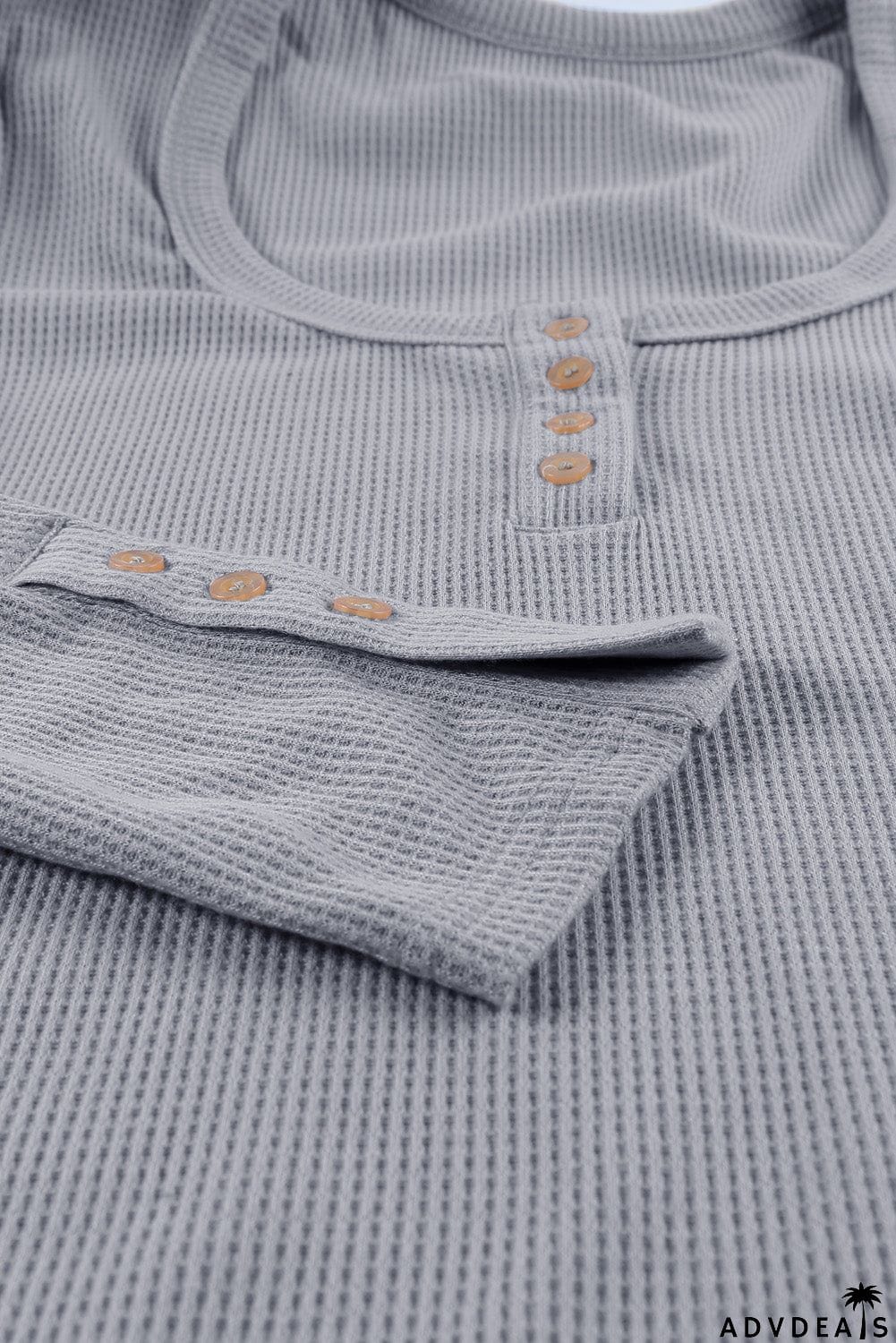 Scoop Neck Button Closure Ribbed Long Sleeve Top