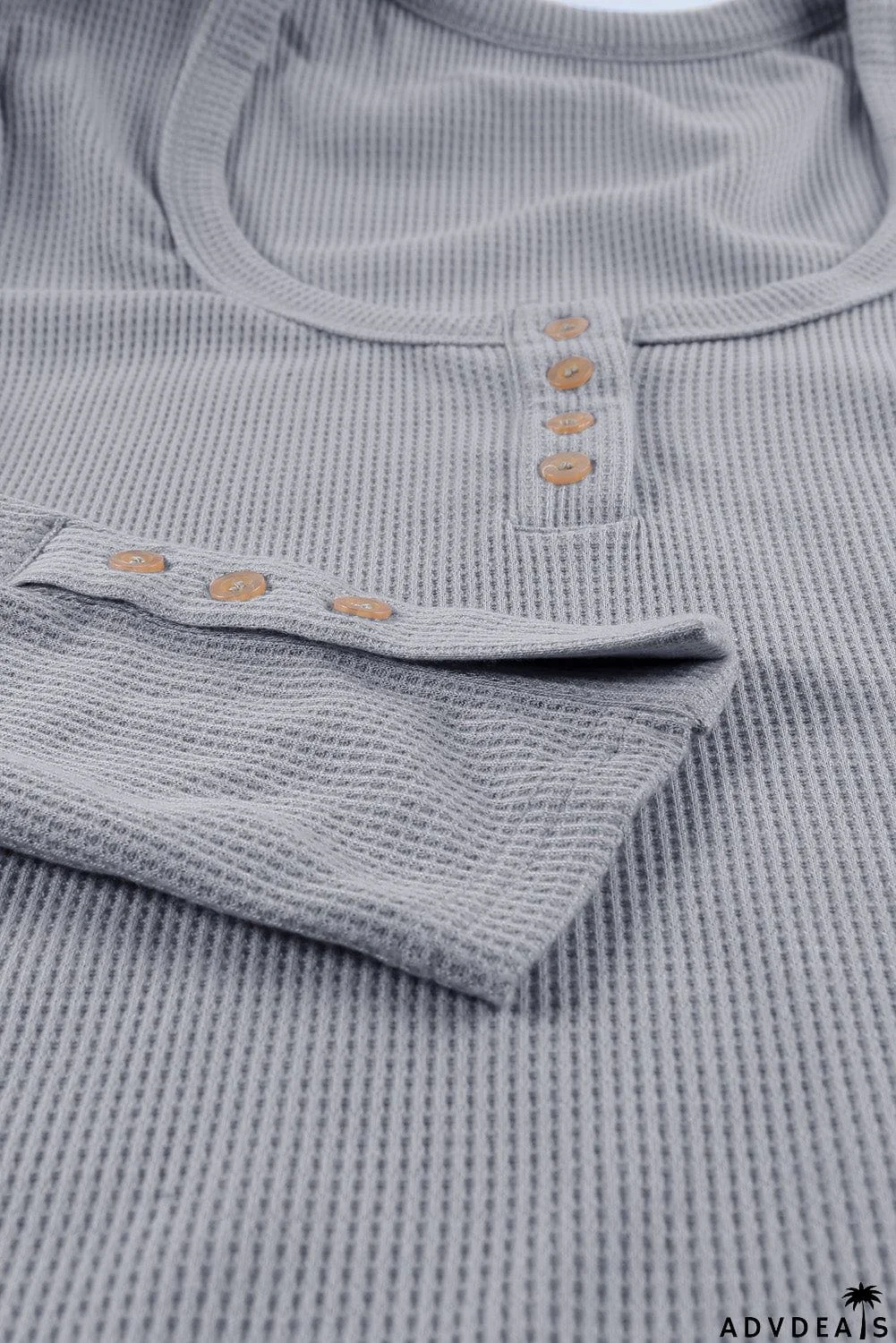 Scoop Neck Button Closure Ribbed Long Sleeve Top