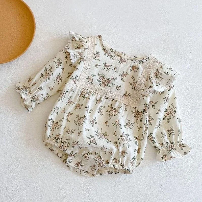 New 2021 Spring Autumn Infant Baby Girls Lace Rompers + Hat Clothing Kids Girl Long Sleeve Rompers Clothes