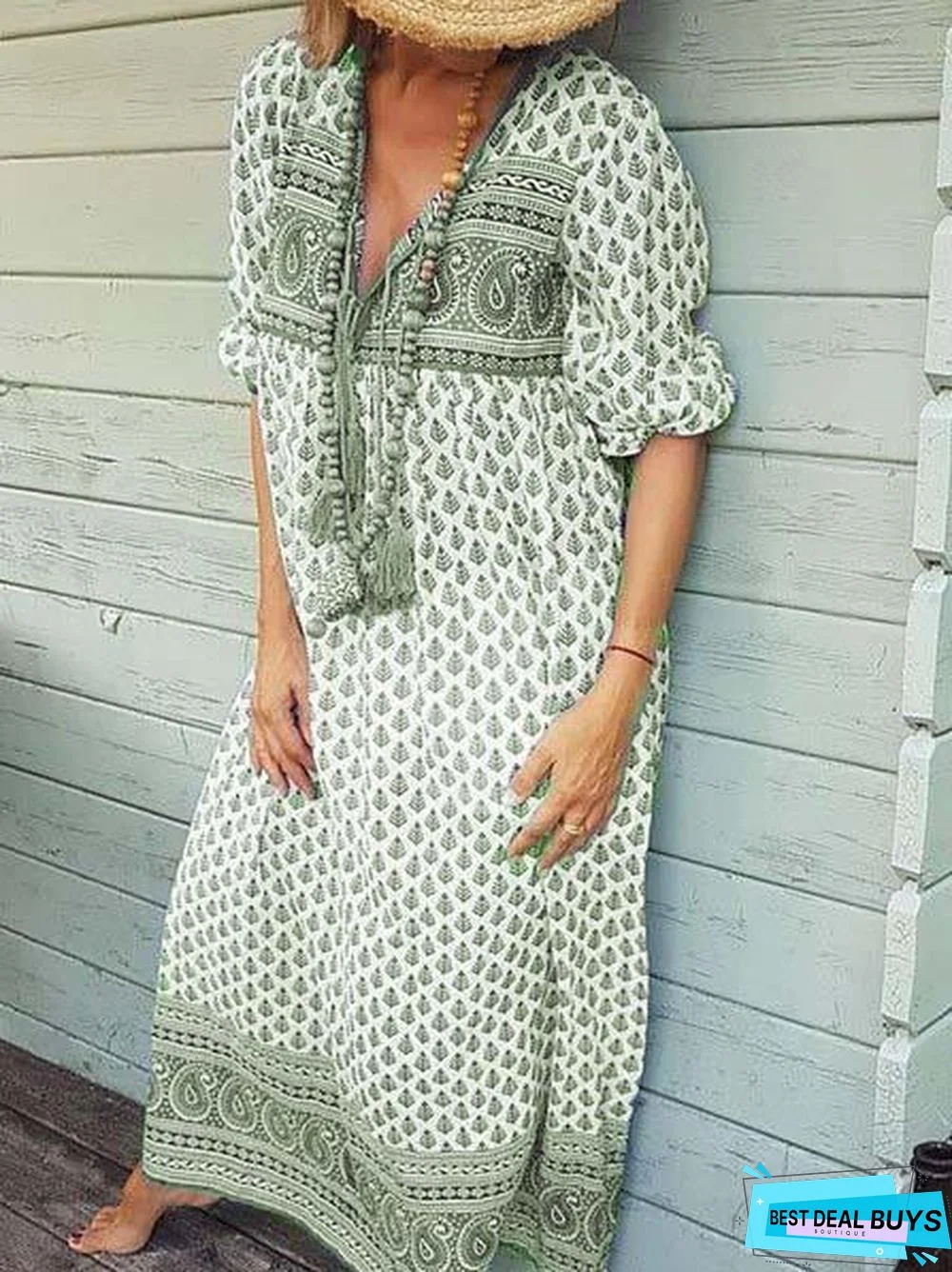 Floral V Neck Half Sleeve Cotton Summer Dress