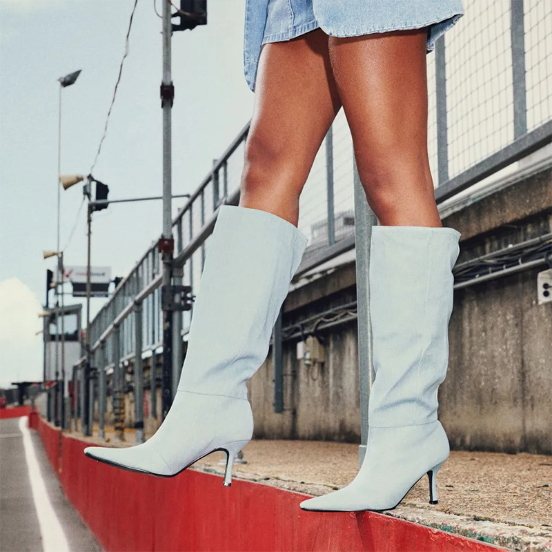 GOOSHOE Blue Pointed Toe Kitten Heel Knee Denim Boots