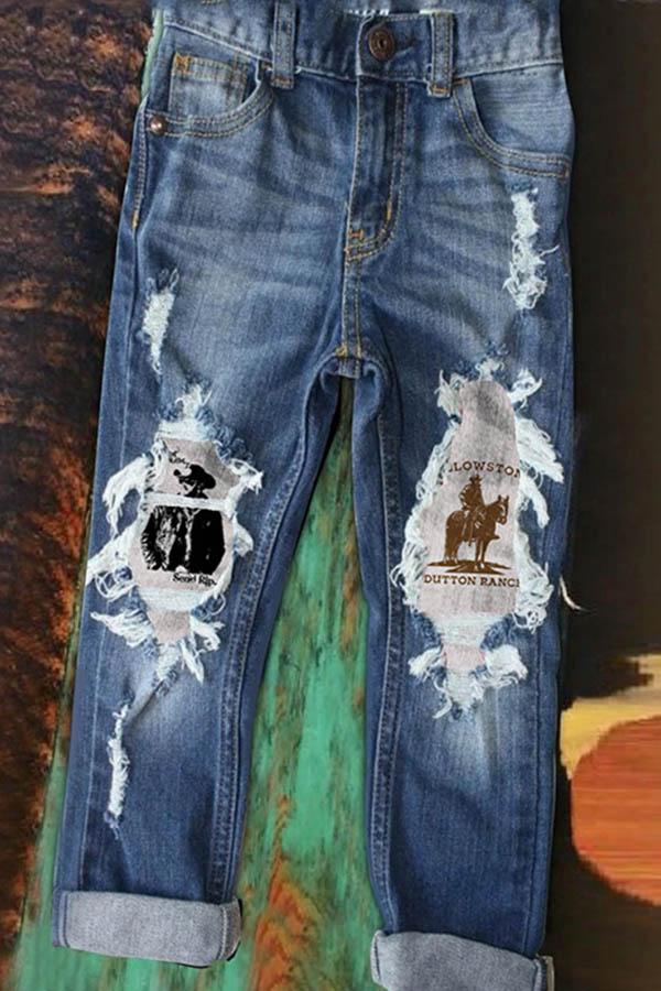 Cowboy Character Print Paneled Cutout Casual Pockets Jeans