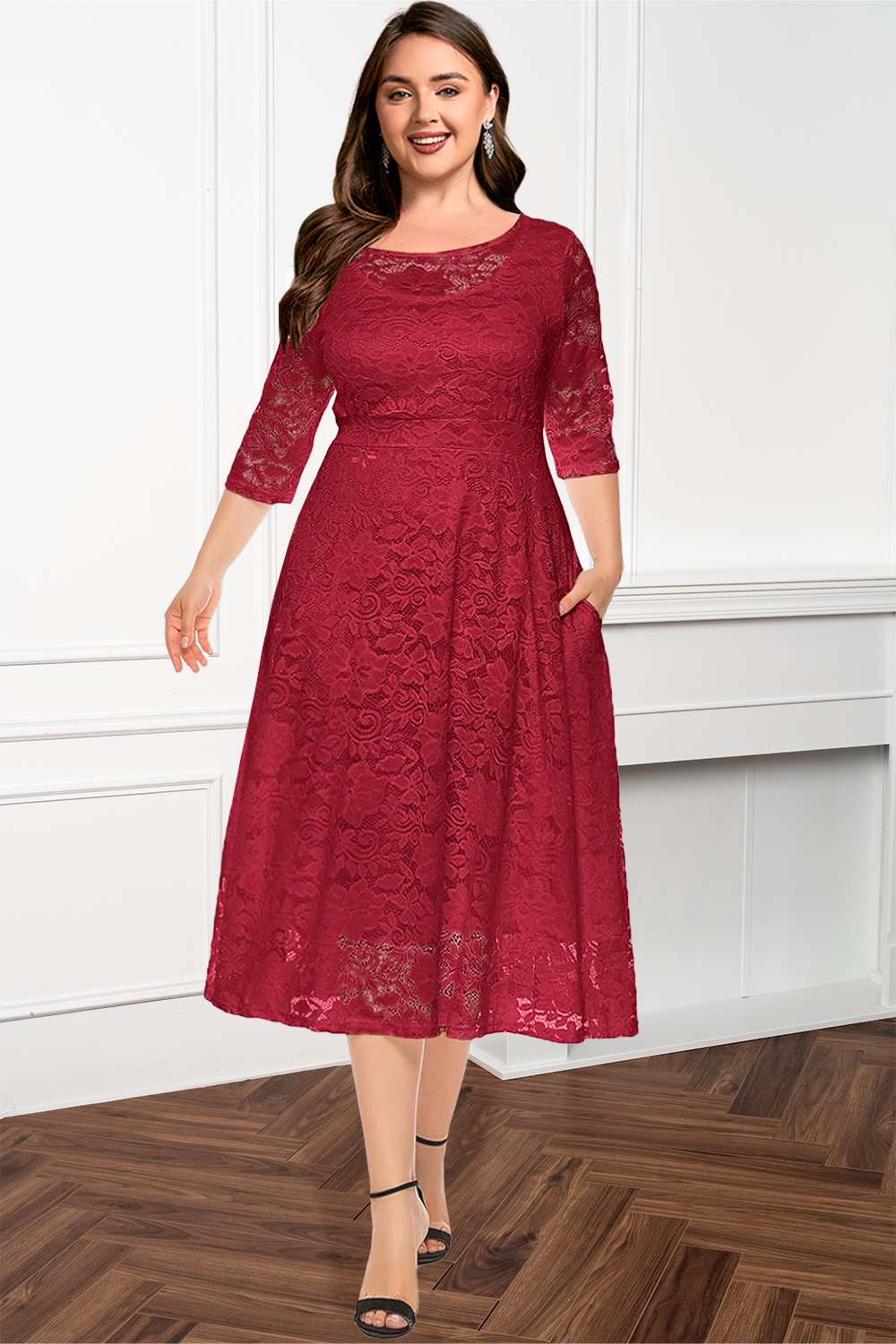 Plus Size Mother Of The Bride Red Lace Pocket Round Neck 3/4 Sleeve Tunic Tea-Length Dress 2024 - Flycurvy 