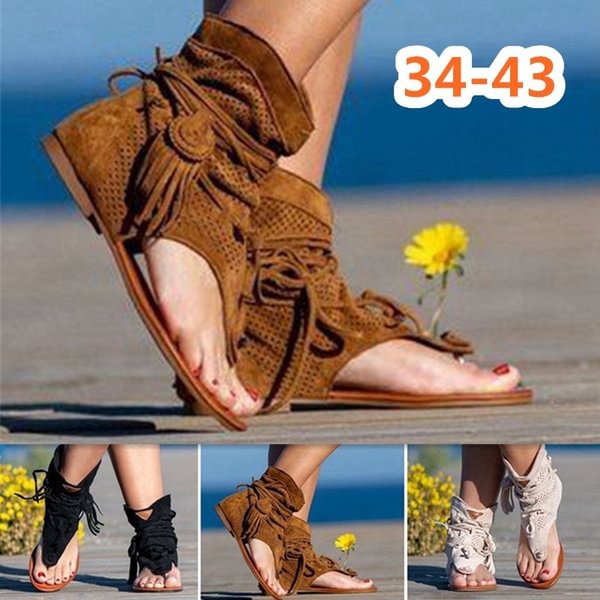 NEW Women's Fashion Bohemian Sandals Flat Sandals Tassels Casual Summer Shoes Plus Size EU 35-43 - Life is Beautiful for You - SheChoic