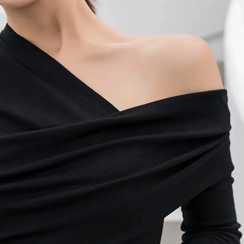 Oocharger Sexy Off Shoulder Asymmetric Women's T-shirts Tops Female Slim Long Sleeve Fashion Black Tshirt Autumn 2023
