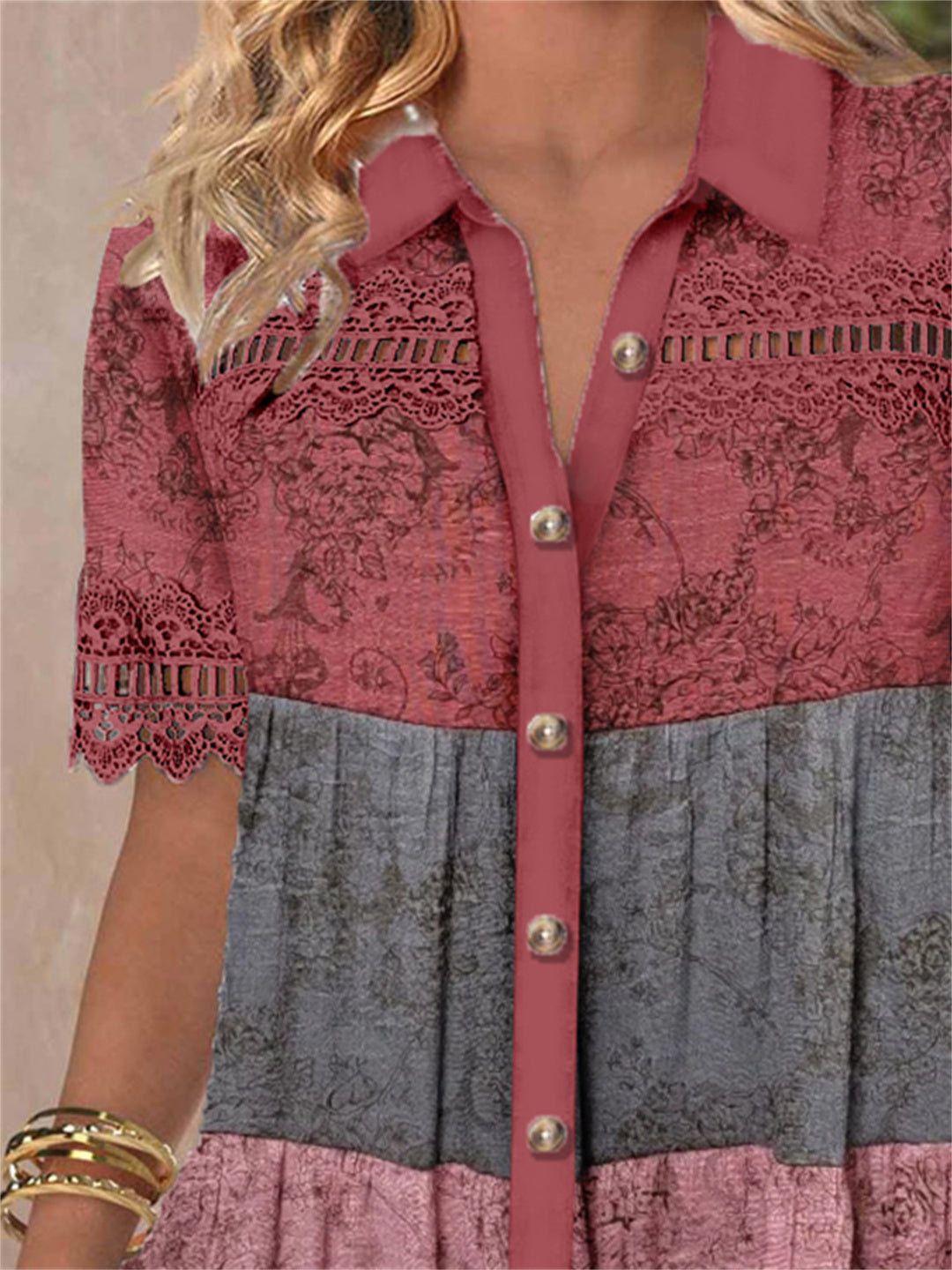 Women's Short Sleeve V-neck Lace Stitching Hollow Graphic Top