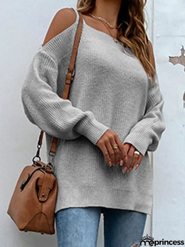 Long Sleeves Split-Side Solid Color Off-The-Shoulder Sweater Tops