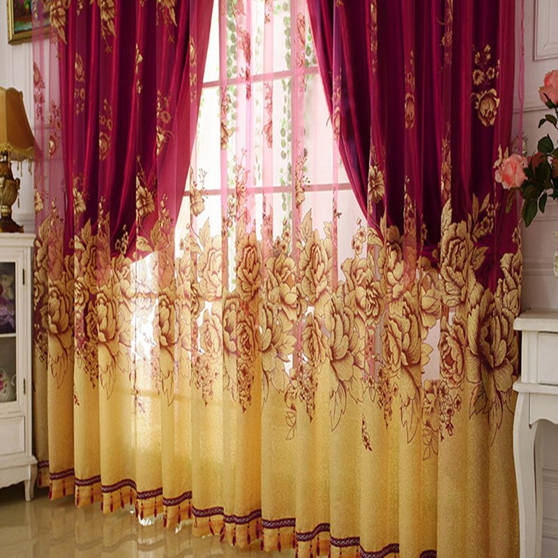 Classical Burgundy Blackout Curtains Gilding Carving Sheer and Solid