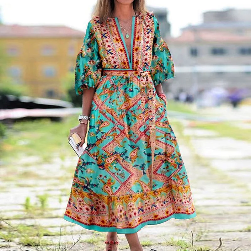 Women Vintage V Neck Tassel Party Long Dress Casual Floral Print Female Dresses Loose Three Quarter Puff Sleeve Dresses Vestidos