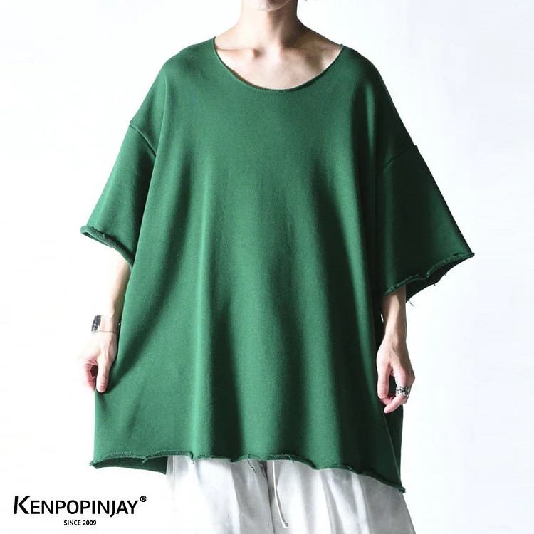 New A-line Cotton Raw Cuff Hem Long Summer Short Sleeves Shirts-dark style-men's clothing-halloween