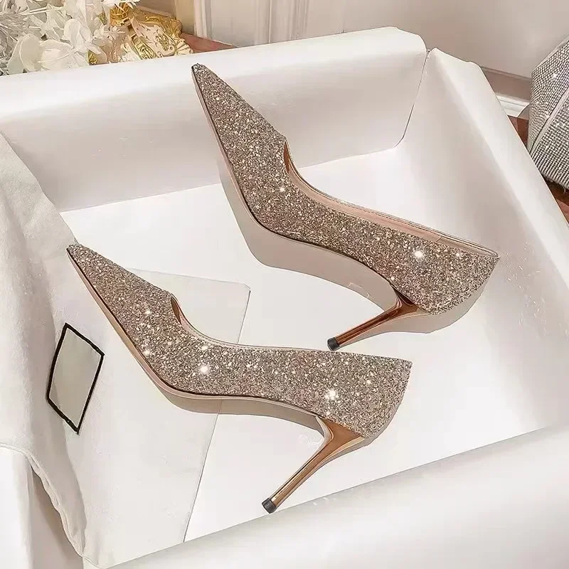 Gamesnears High Heels Women Wedding Shoes Bride Gold Heels Luxury Designer Elegant Party Sandals Dress Banquet Sequins Sandalias De Tacón