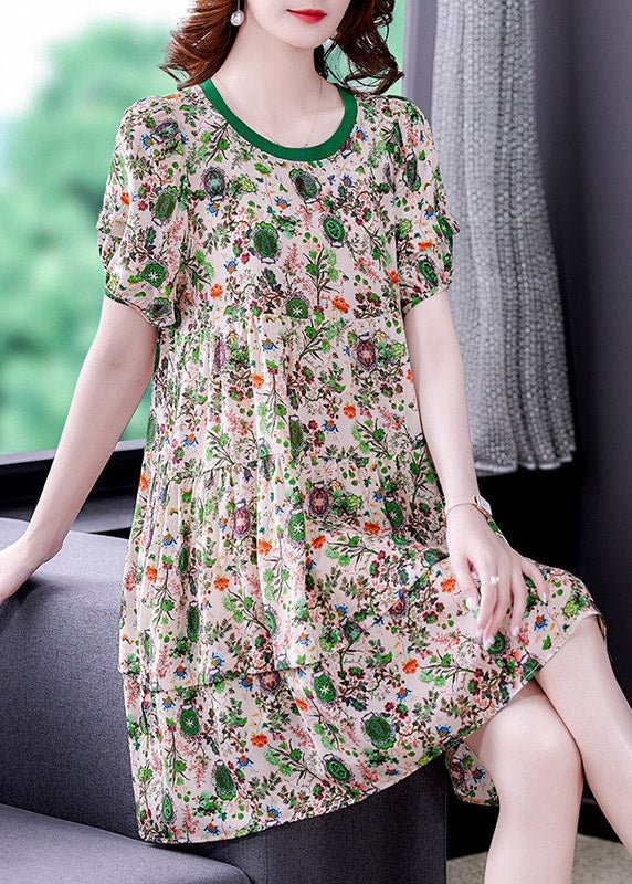 Beautiful O-Neck Print Wrinkled Chiffon Mid Dresses Short Sleeve
