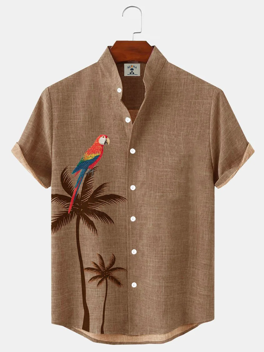 Men's Palm Tree Parrot Print Casual Short Sleeve Shirt