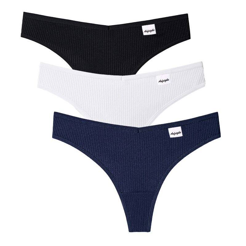 Cotton Thongs Women Sexy V Waist G-String Comfortable Breathable Striped T back Female M-XL Solid Color Thong Underwear 3 Pcs