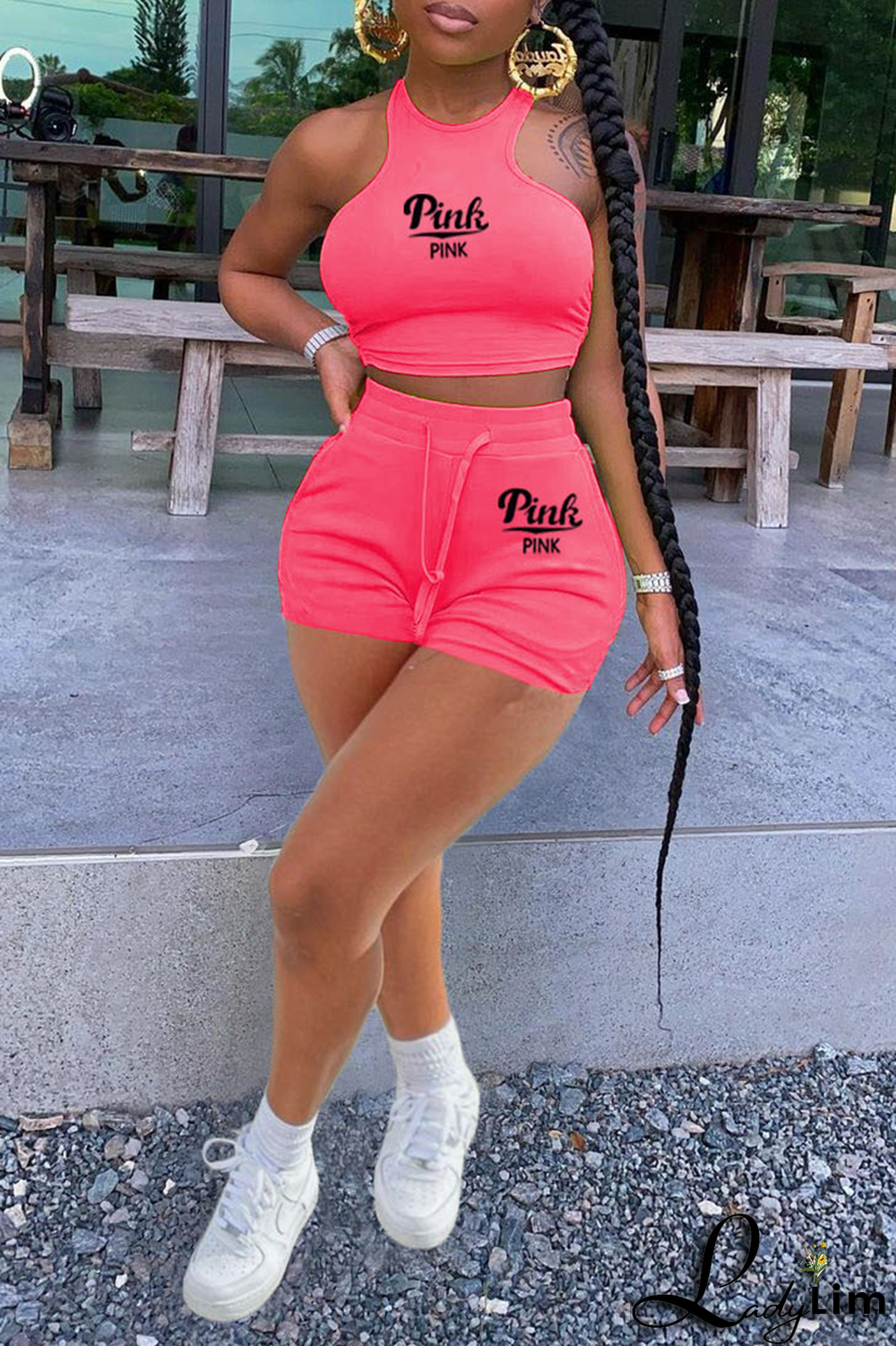 White Fashion Print Patchwork O Neck Sleeveless Two Pieces