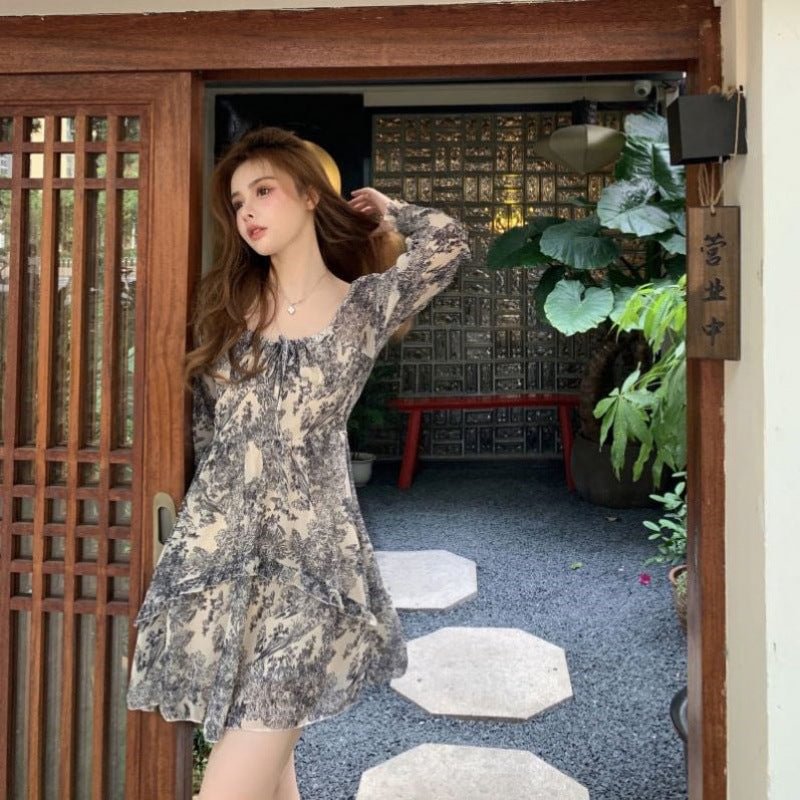 Mid-length Design Sense Niche Floral Skirt Woman Square-neck Ink Printing Chiffon Super Fairy Dress