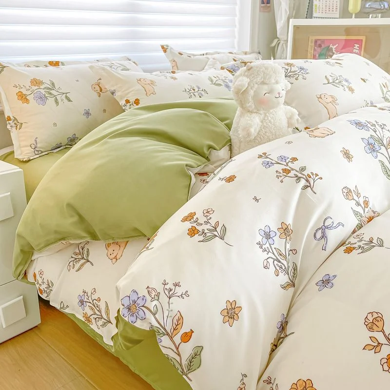 Aonga Pink Tulip Bedding Set No Filler Ins 2025 New Twin Queen Size Comforter Duvet Cover Flat Sheet Pillowcase Boys Girls Bed Linens aonga