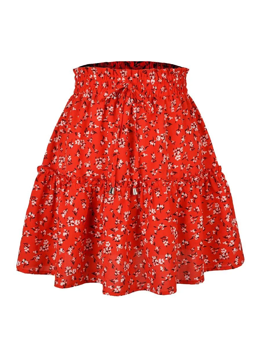 Floral Skirt For Women High Waist Drawstring A-line Mini Dress