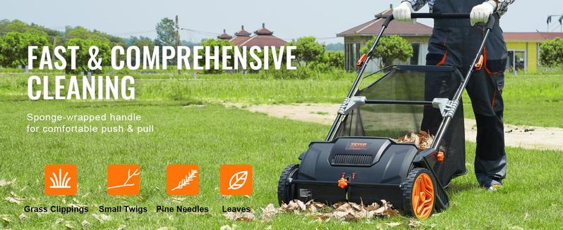 Product Introduction of VEVOR Push Lawn Sweeper, Various specifications, Leaf & Grass Collector, Strong Rubber Wheels & Heavy Duty Thickened Steel Durable to Use with Large Capacity. Mesh Collection Hopper Bag, Spinning Brushes 11