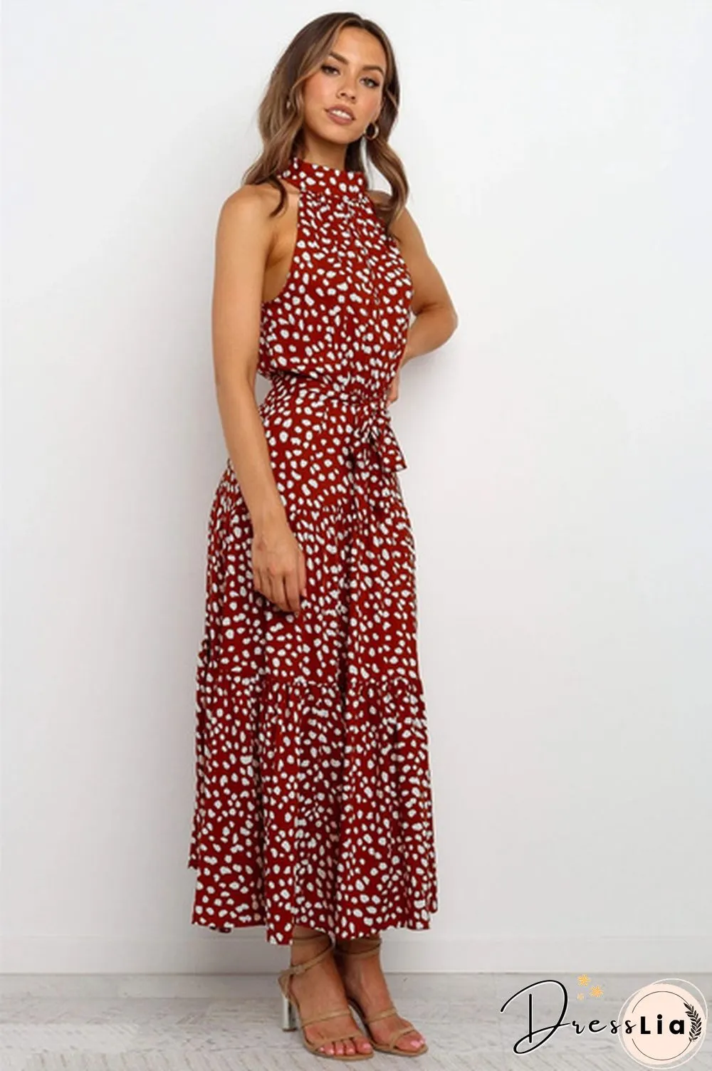 Plus Size Elegant Ladies Dress-Sleeveless-Collect Waist-Polka Dot-Long Boho Casual