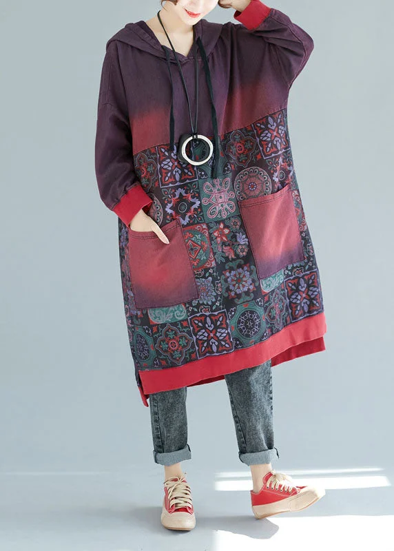 Mulberry Print Pockets Cotton Long Dress Hooded Spring