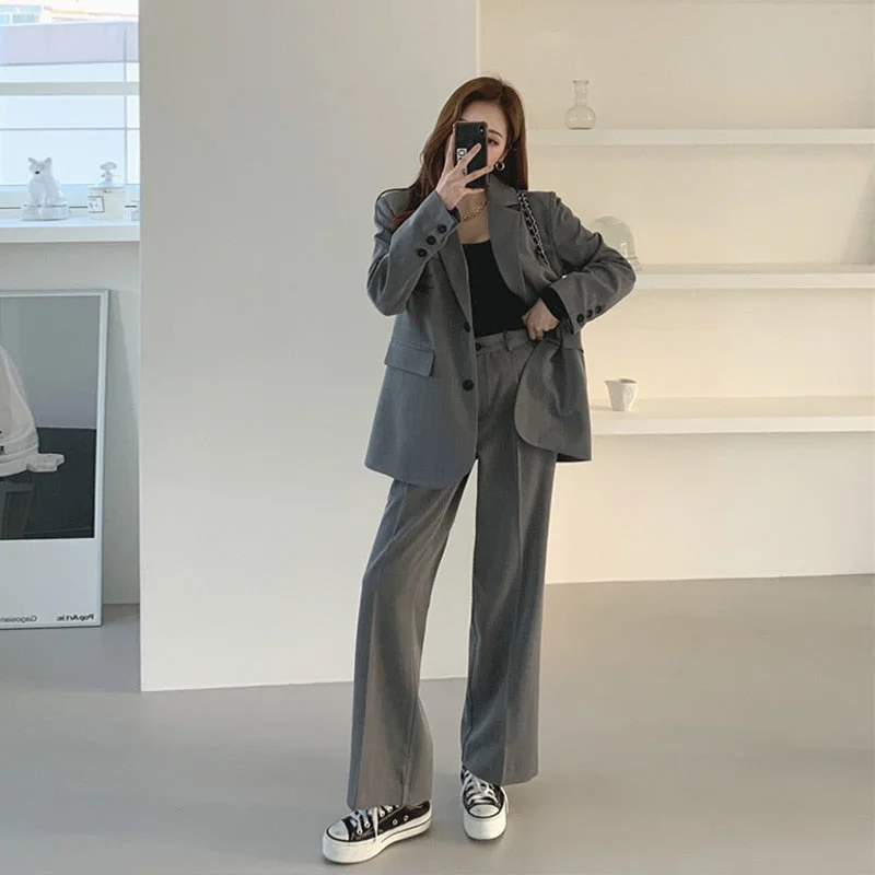 PENERAN Autumn Office Lady Blazer Sets Korean Style Loose Gray Suit Jacket High Waist Wide Leg Pants 2 Two Piece Set Women Outfits
