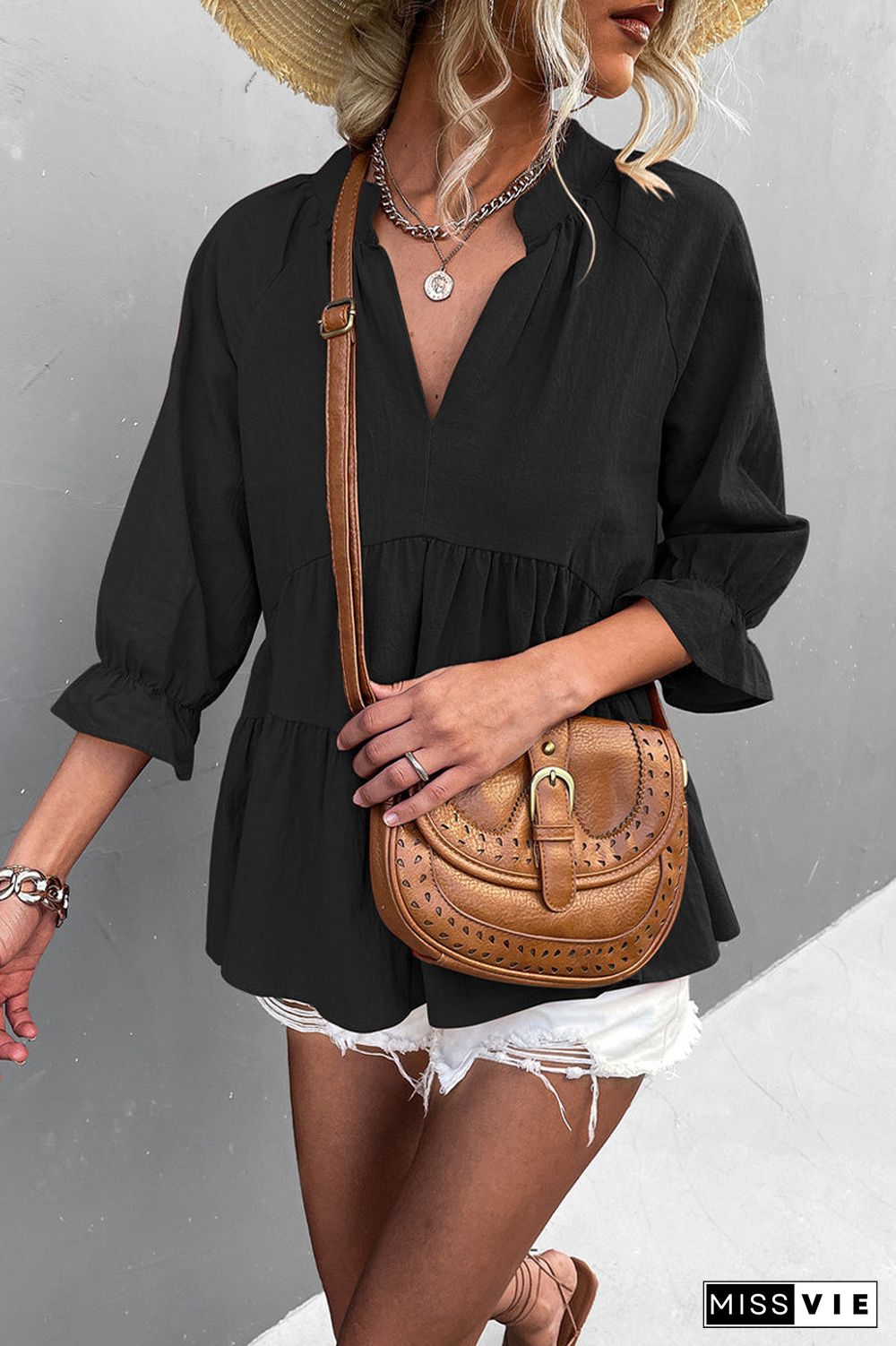 Casual Solid Flounce Fold V Neck Tops(5 Colors)