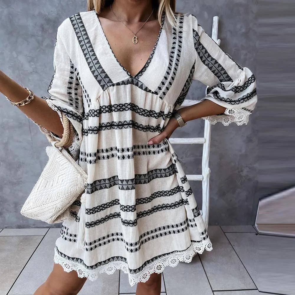 Vintage V-Neck 3/4 Sleeve Mini Dress-vocosishoes