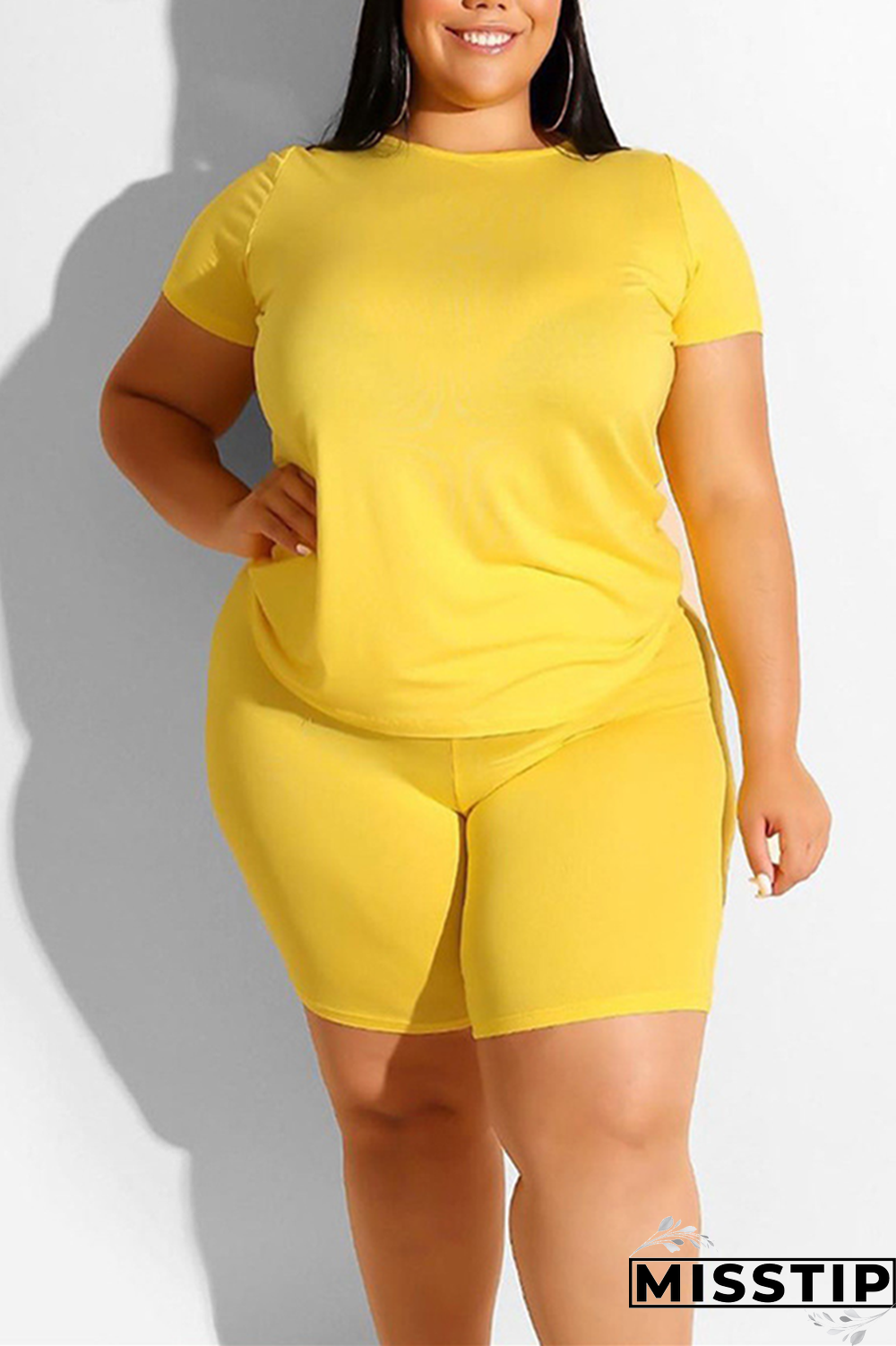 Yellow Fashion Casual Plus Size T-Shirt Set