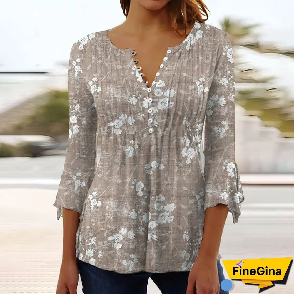 Khaki 3/4 Sleeve Print Top