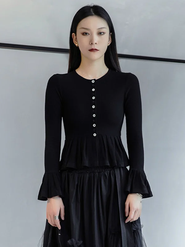 Minimalist Buttoned Split-Joint Flared Sleeves Cardigan