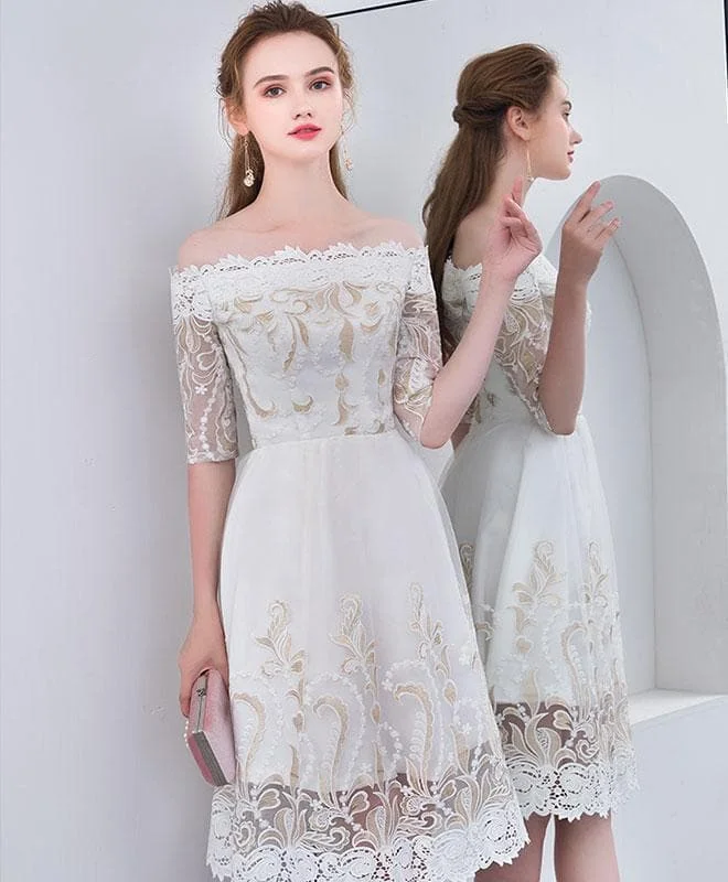 Unique White Lace Short Prom Dress, White Homecoming Dress