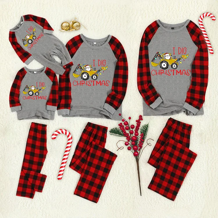 I Dig Christmas Santa Cartoon Print Red Plaid Family Matching Pajamas(Gray)