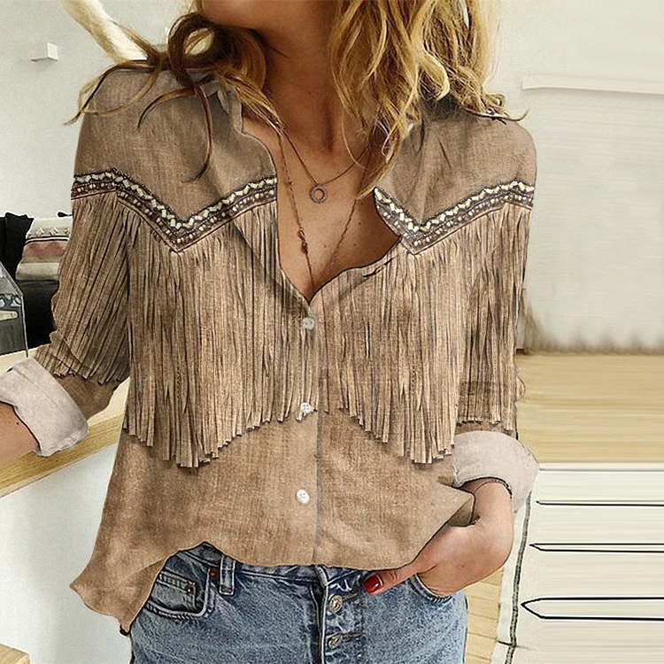 Wearshes Western Fringe Print Long Sleeve Casual Shirt
