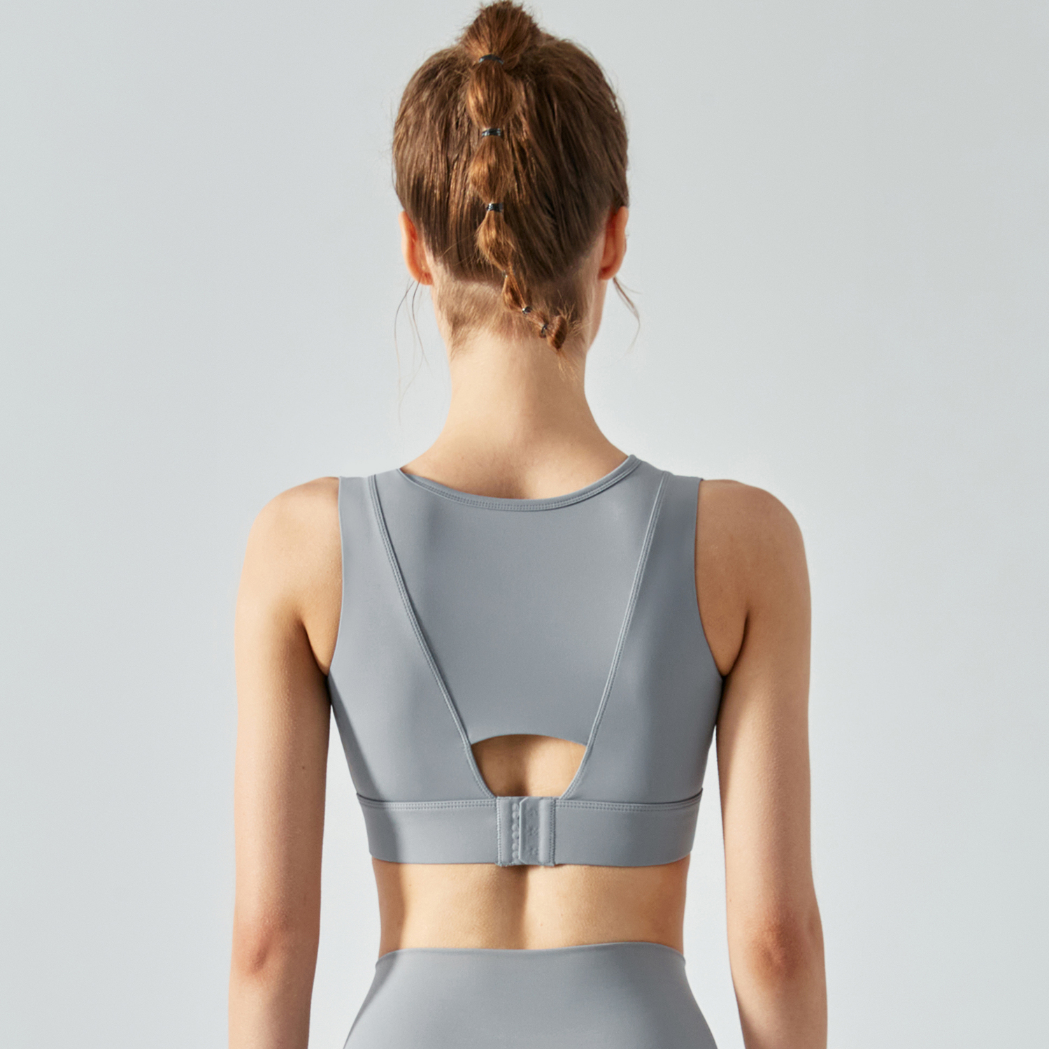 Buy 2 in 1 hollow-out straps high support push up sports bra with removable pads of high quality on Hergymclothing Rhino Gray