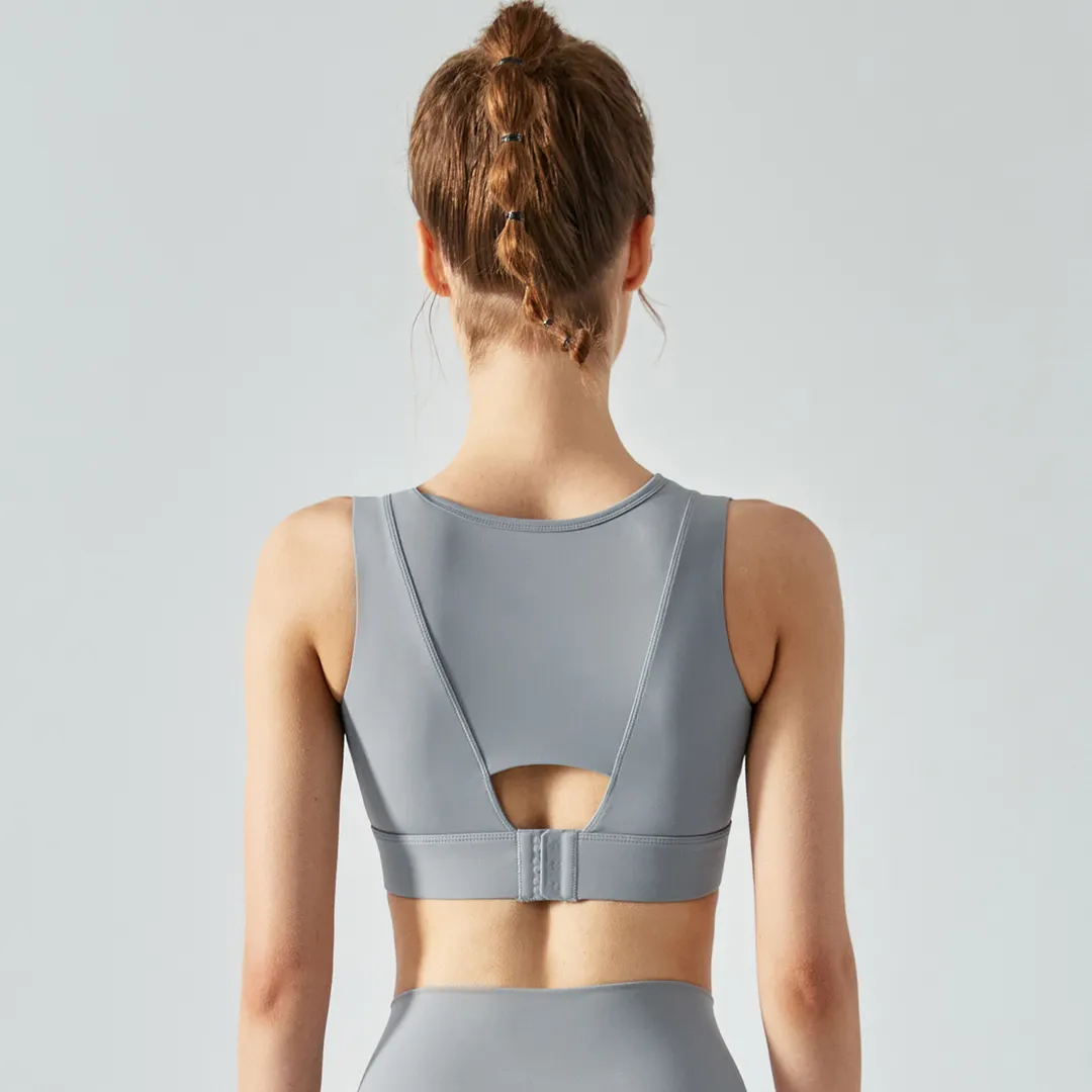 Buy 2 in 1 hollow-out straps high support push up sports bra with removable pads of high quality on Hergymclothing Rhino Gray