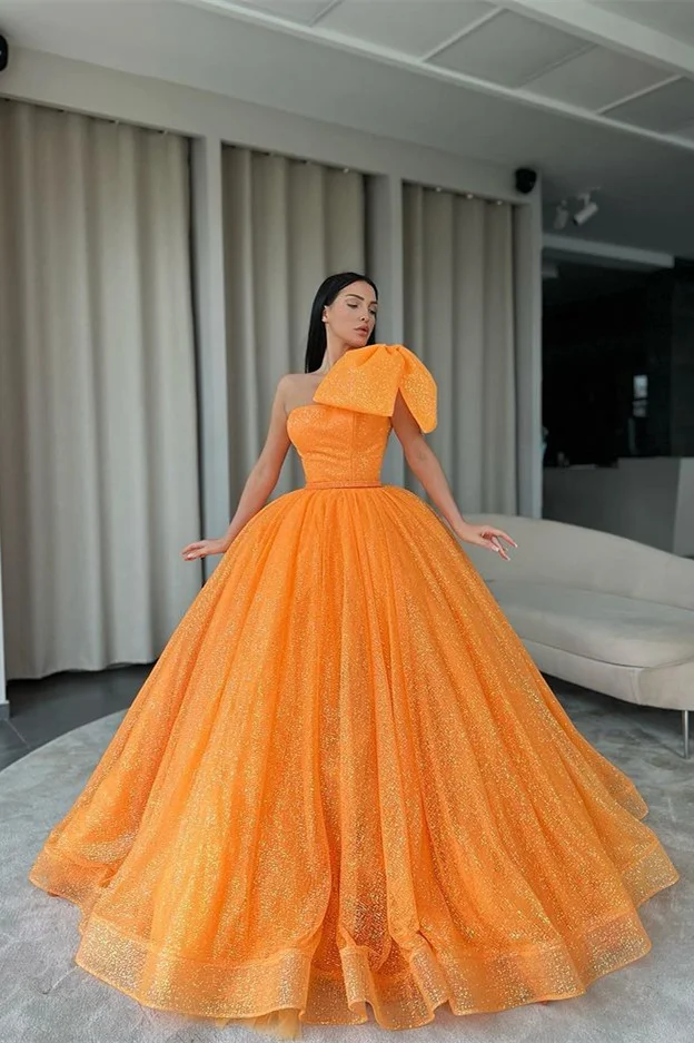 Classy One Shoulder Ball Gown Orange Prom Dress Sequins With Bowknot - lulusllly