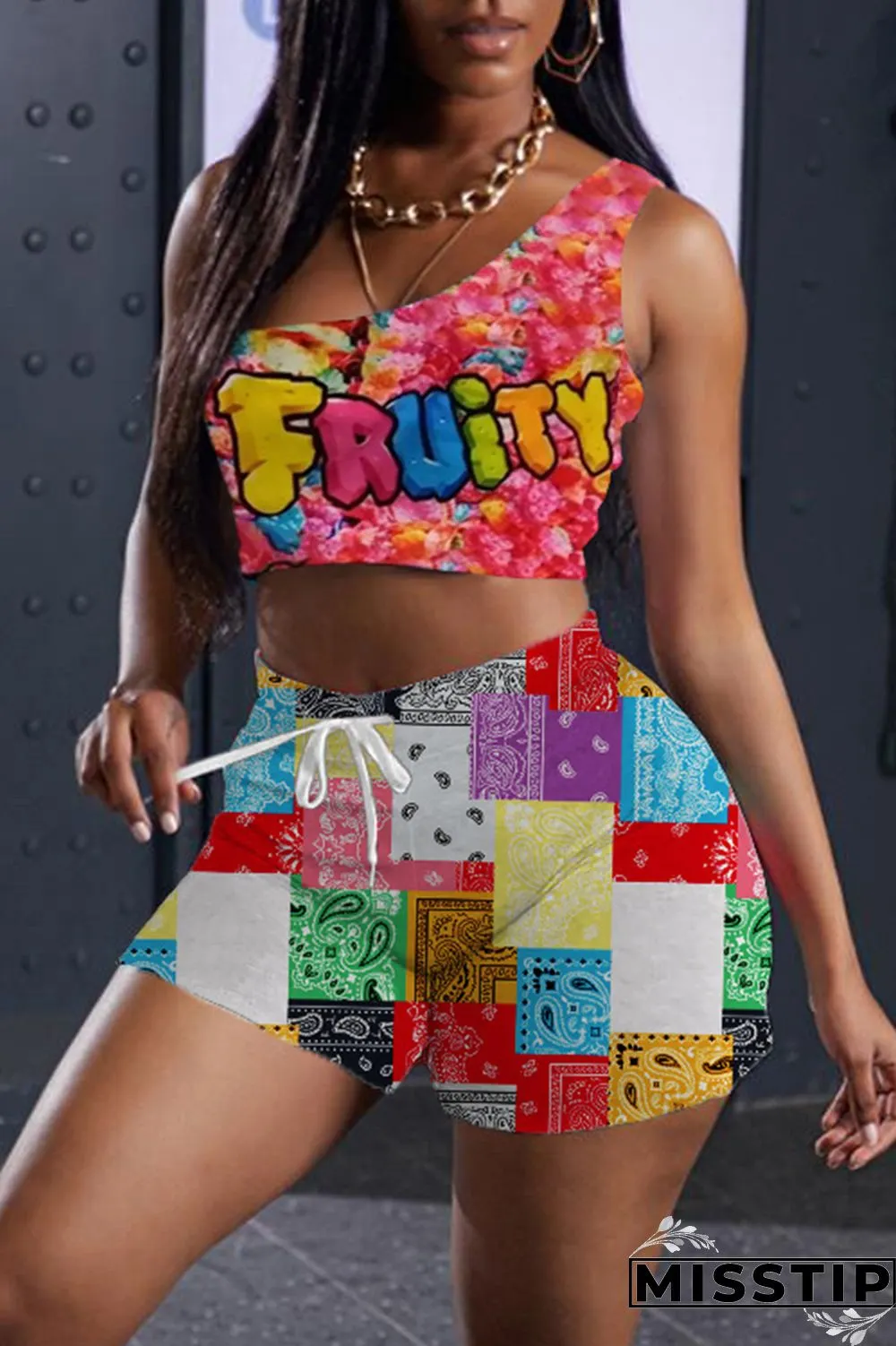 Red White Fashion Casual Print Basic One Shoulder Sleeveless Two Pieces