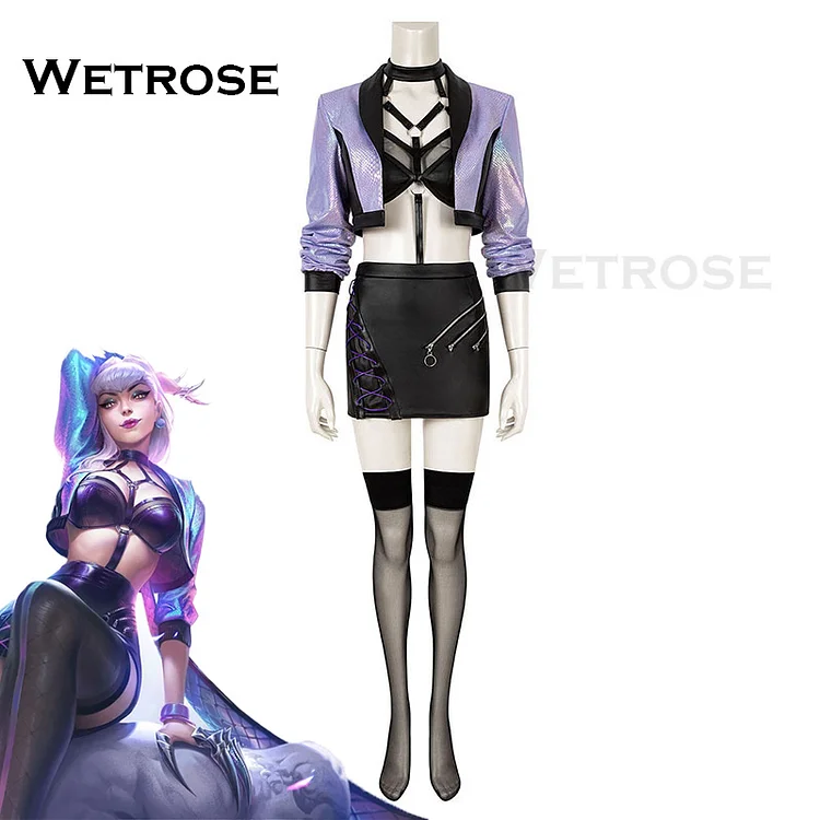 【Wetrose】In Stock Evelynn KDa All Out Cosplay Costume Leather Latex Sexy Lol League of Legends Wig Full Set