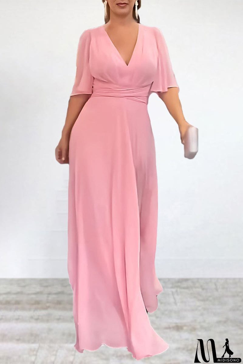 MidiSono - Elegant Solid Slit V Neck A Line Dresses