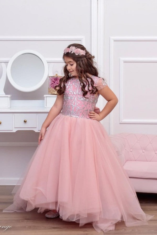 Oknass  A-line Backless Bateau Short Sleeve Flower Girl Dress Lace Tulle With Bowknot Sequins