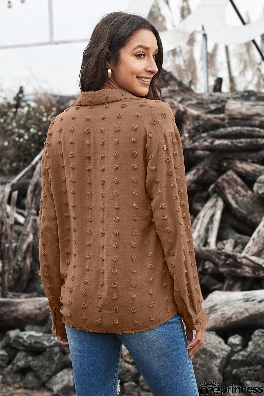 Brown Long Sleeve Button Fuzzy Polka Dot Shirt