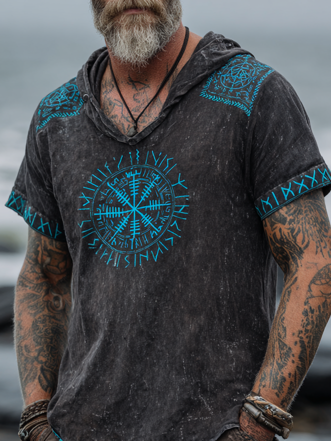 Men's Print Viking Inspired Rune Celtic Knot Pattern Short Sleeve Hoodie / Rvogue / Rvogue