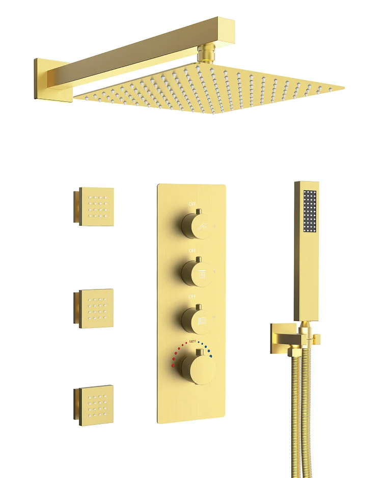 SFS1002-GD12-1 Thermostatic Rainfall Shower System with 3 Body Jets, Handheld Spray, and Extra 3 Side Sprays