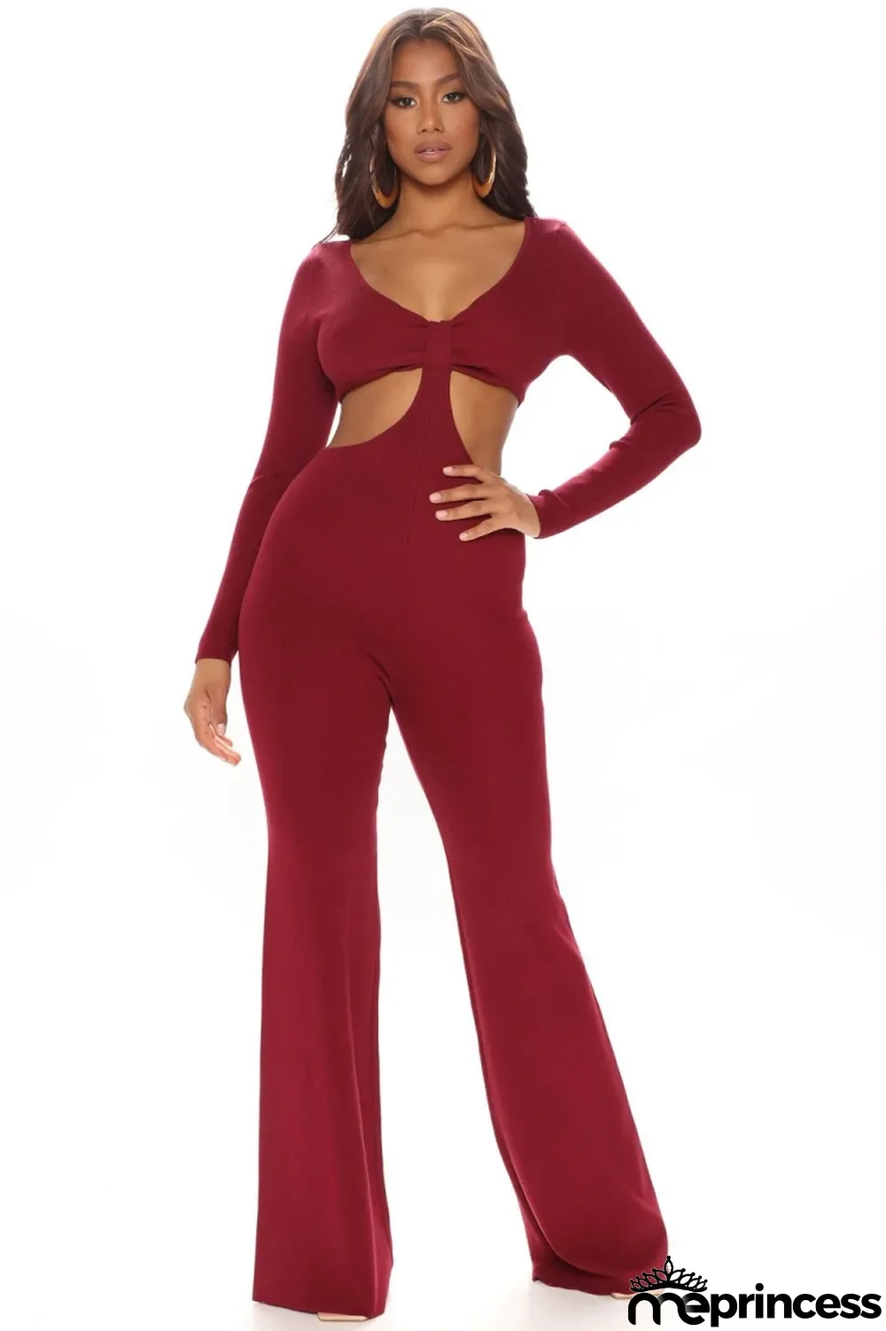 Autumn Formal Burgunry Cut Out Long Sleeve Jumpsuit
