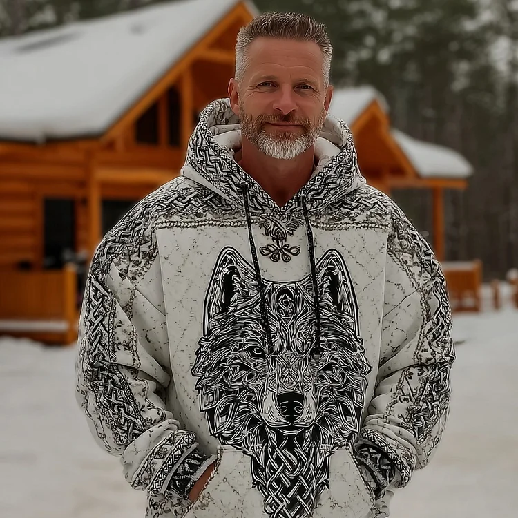 Men's Retro Viking Celtic Wolf Art Pattern Casual Hoodie
