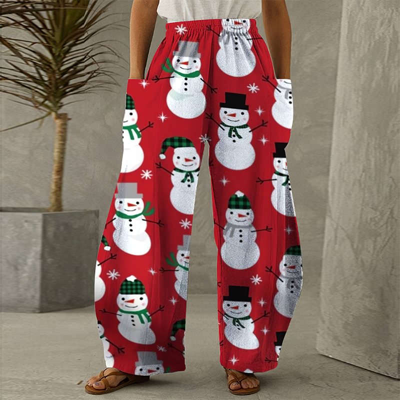 Cartoon Christmas Snowman Printed Women Casual Loose Wide-leg Pants