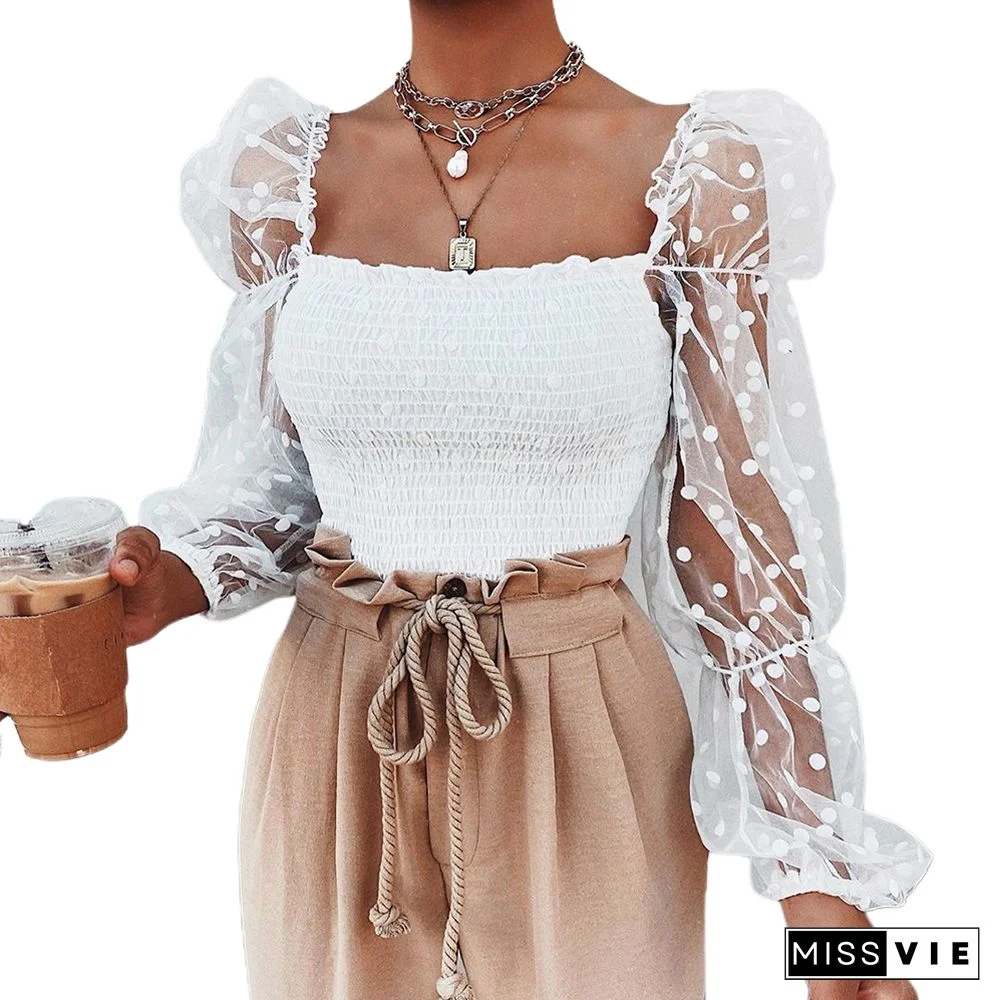 Sexy Women SquareNeck Lace See-through Polka Dot Puff Long Sleeve Elastic Crop Top Female Shirts Evening PartyClubwear